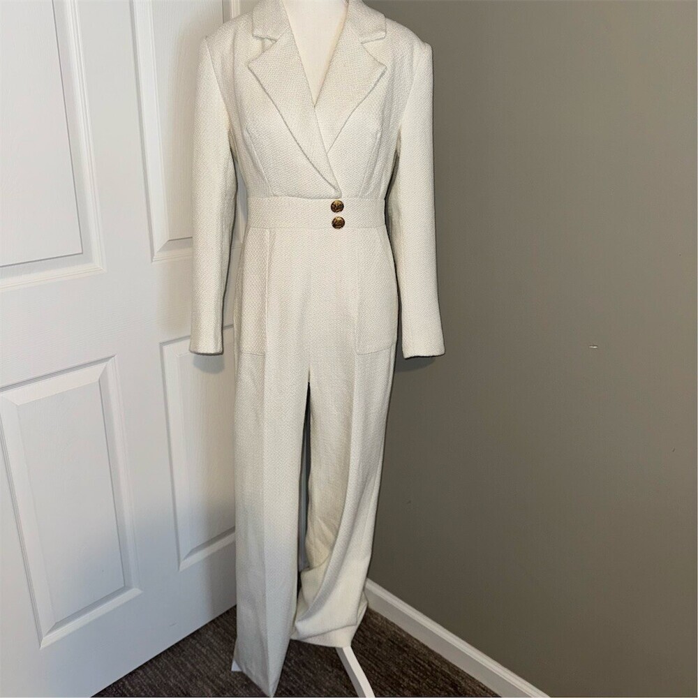 FEHAUTE Jumpsuit Womens Size 4 White Tweed Wide-Leg Pockets Quiet Luxury - Picture 2 of 16